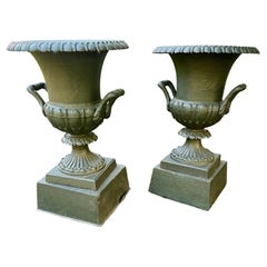A Pair of Dark Green Late 19th C, Cast Iron Garden Urns