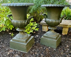 A Pair of Dark Green Late 19th C, Cast Iron Garden Urns