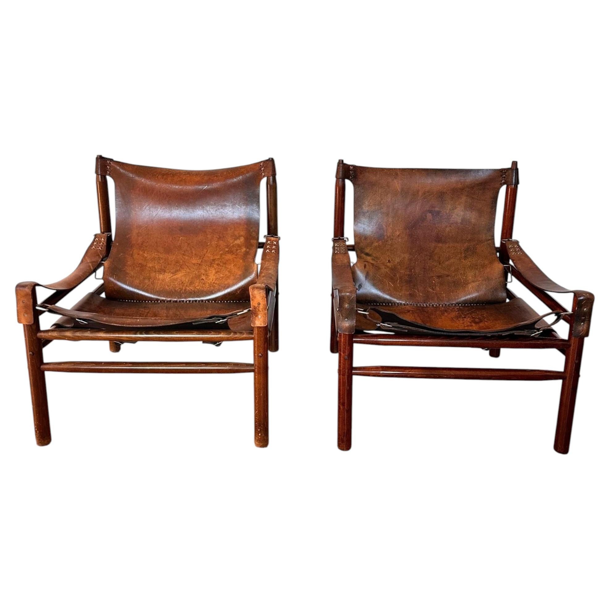 Buffalo Leather Safari Armchair in Pair, Solid Oak Frame, Vintage Style, 1970s