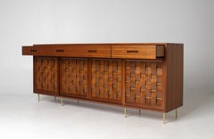Edward Wormley Woven Front Credenza in Ribbon Mahogany with Brass Accents for Du