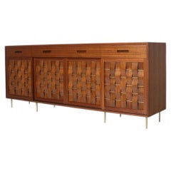 Edward Wormley Woven Front Credenza in Ribbon Mahogany with Brass Accents for Du
