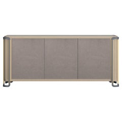 Credenza, Oak and Leather Body, Painted Glass Top, Antique Plated Metal Legs