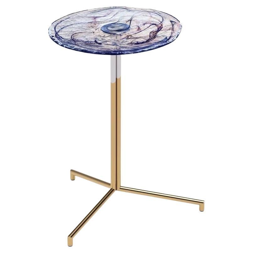 Glass Side Table, Titanium Plated Metal Base For Sale