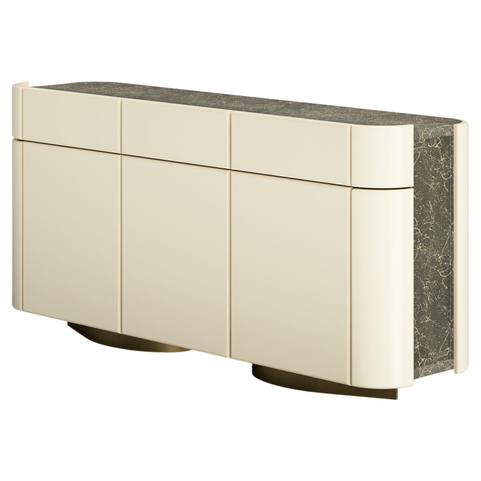 Credenza, Shiny Lacquered Wood With Textured Finish Details, Pearl Color