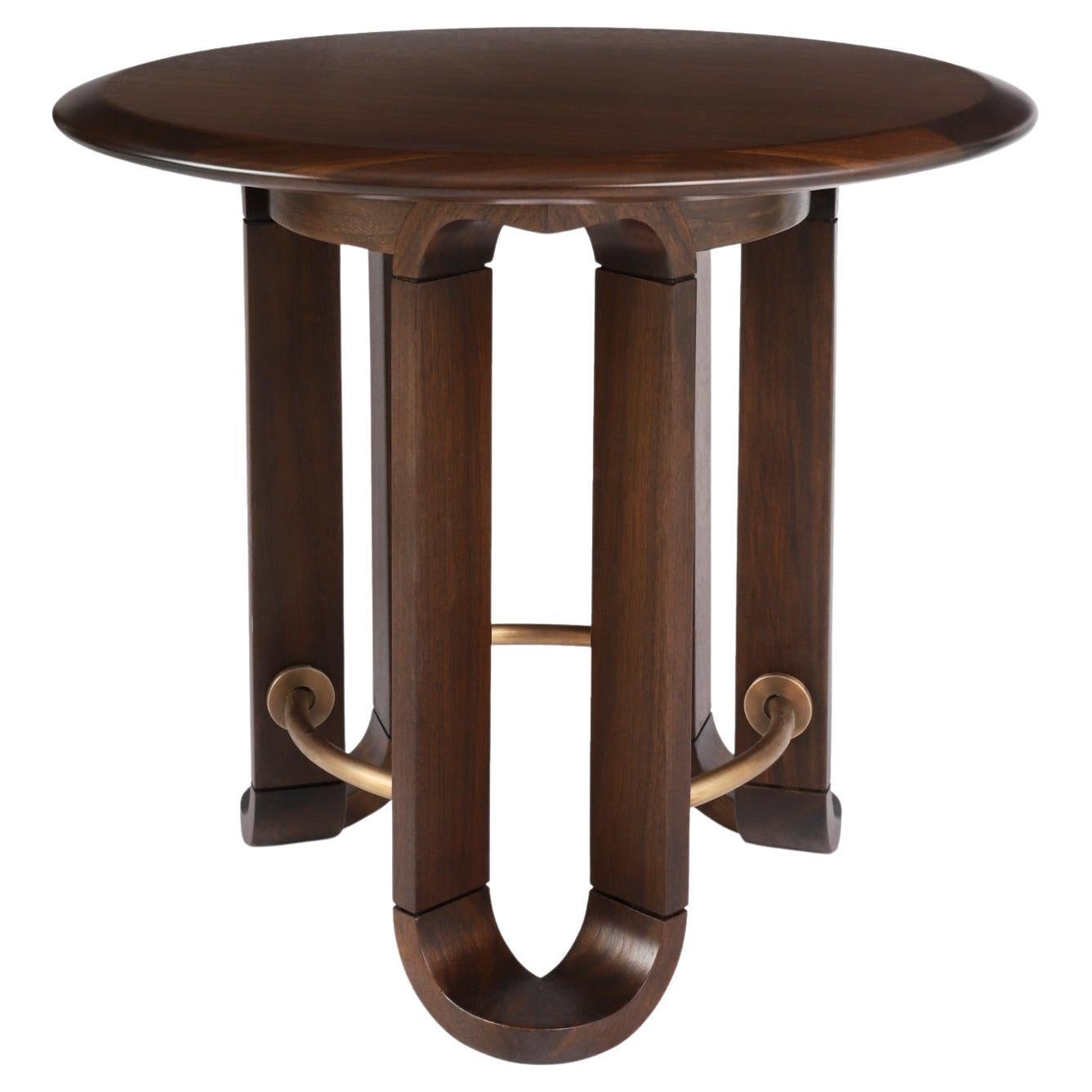 Side Table, Round, Walnut with Antique Plated Metal Details For Sale