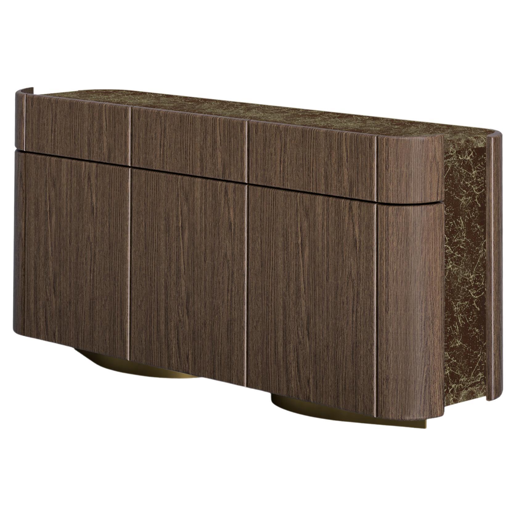 Modern Credenza, Oak Veneer Body, Textured Lacquered Wood Top and Sides For Sale