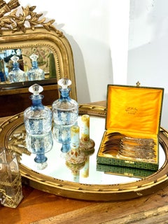 Pair of Blue Overlay Cut Crystal Decanters with Grape Etching