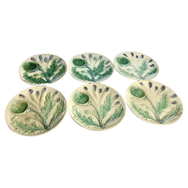 Set of Six French Majolica Porcelain Asparagus/Artichoke plates For