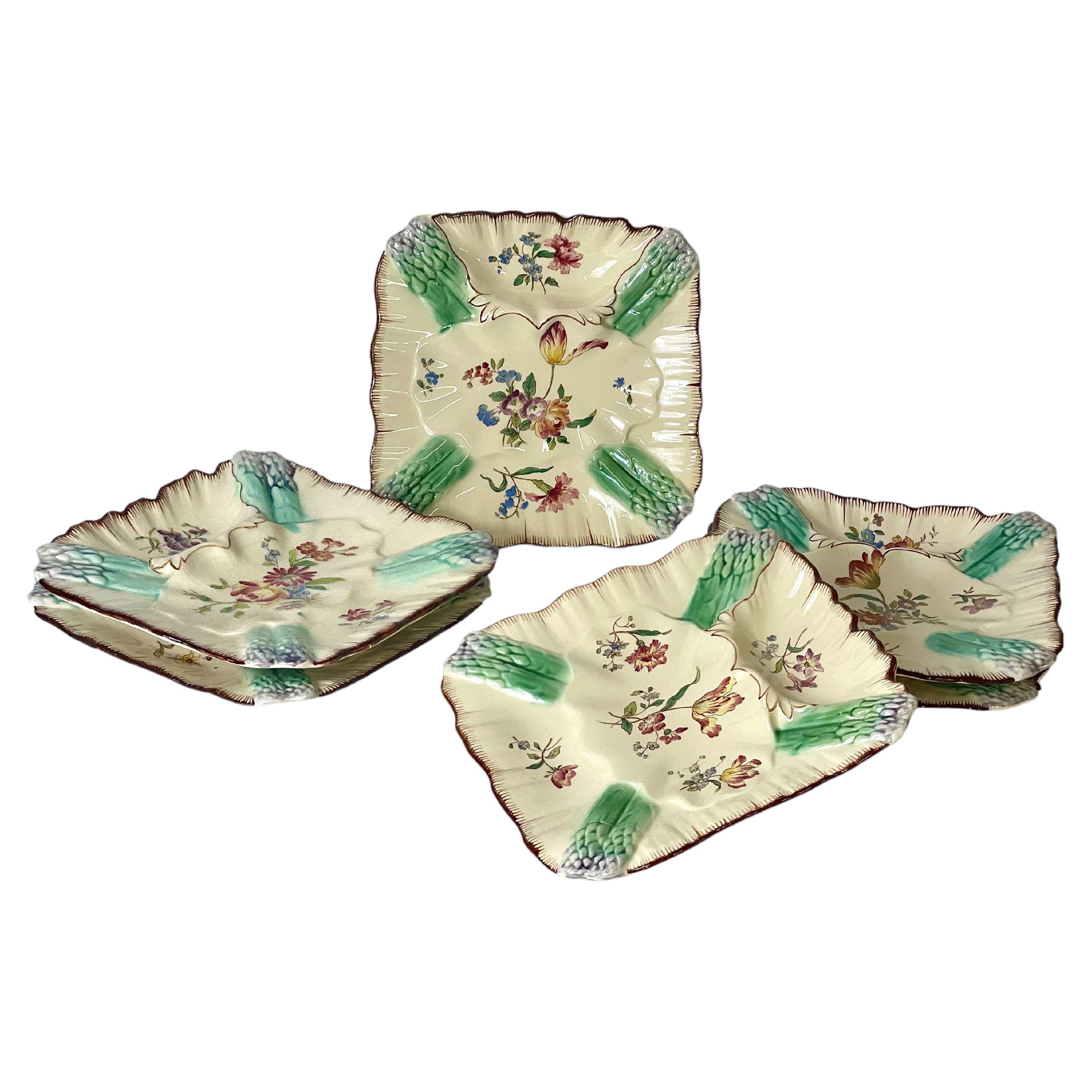 Set of Six Majolica Glazed Asparagus Serving Plates