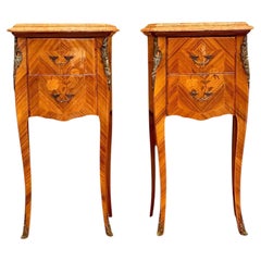 Pair of French Louis XV Style Marquetry Nightstands with Marble Tops