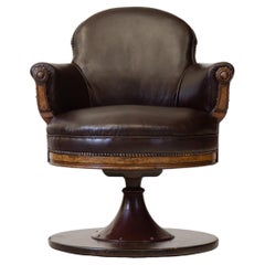 Rare English 19th Century Leather & Walnut Swivel Railway Pullman Club Chair