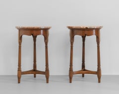 Pair English Late 19th Century Gillows Oak Occasional Side Tables With Marble