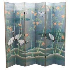 Vintage Large Six Fold Hand Painted Japanese Floor Screen Room Divider Wall Art