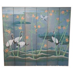 Vintage Large Six Fold Hand Painted Japanese Floor Screen Room Divider Wall Art