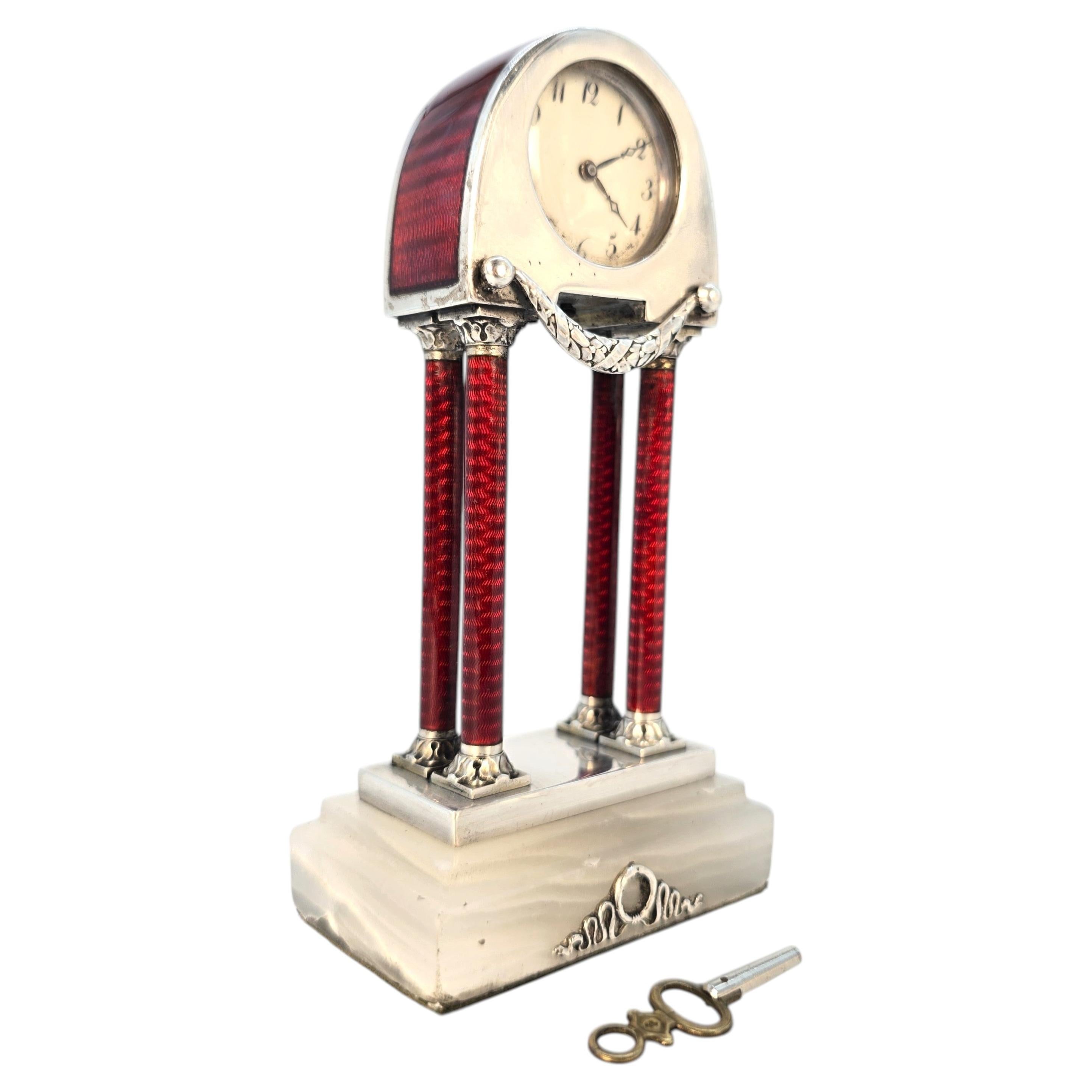 Silver and enamel miniature portico desk clock, Vienna, c.1900 by G.A. Scheid For Sale