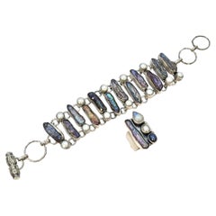 Mid century Japanese silver and Biwa pearl bracelet and matching ring, C1960