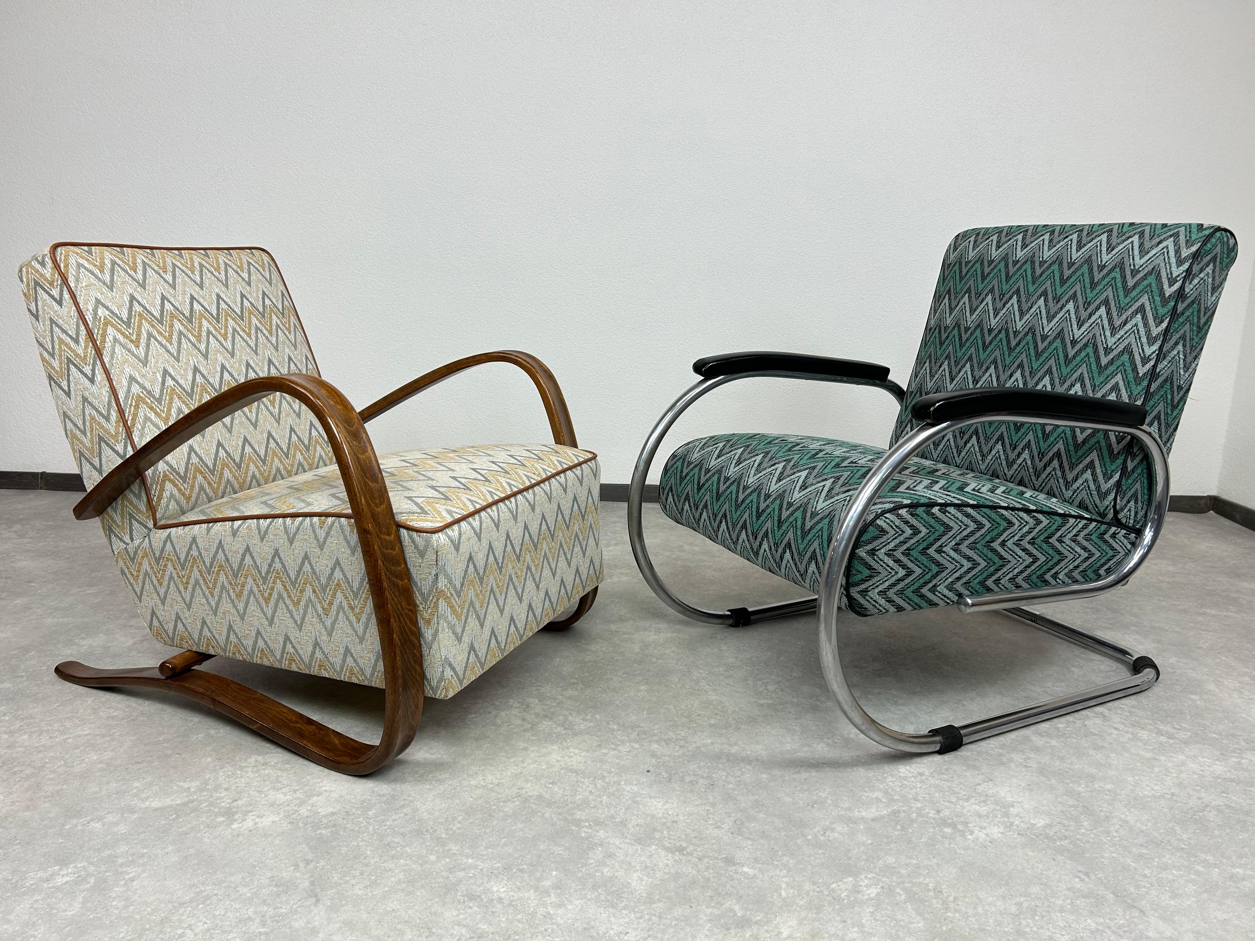 Tubular steel armchair by Tubax made in Belgium, in original vintage condition with signs of use, new upholstery and fabirc. 