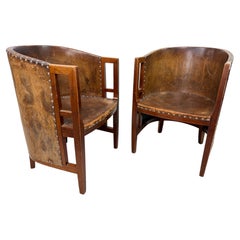 Pair of Rare Viennese Secession Geometric Leather Tub Armchairs