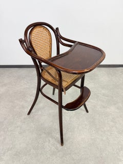 Antique Bentwood Children's High Chair with Folding Tray and Caned Seat