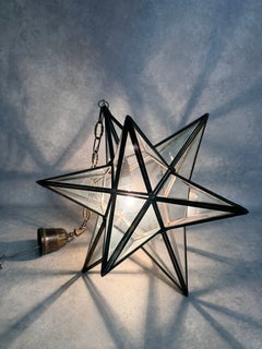 Early 20th Century Moravian Star Glass and Brass Pendant Light