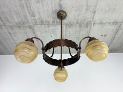 Art Nouveau 3-Arm Brass Chandelier with Scalloped Glass Shades