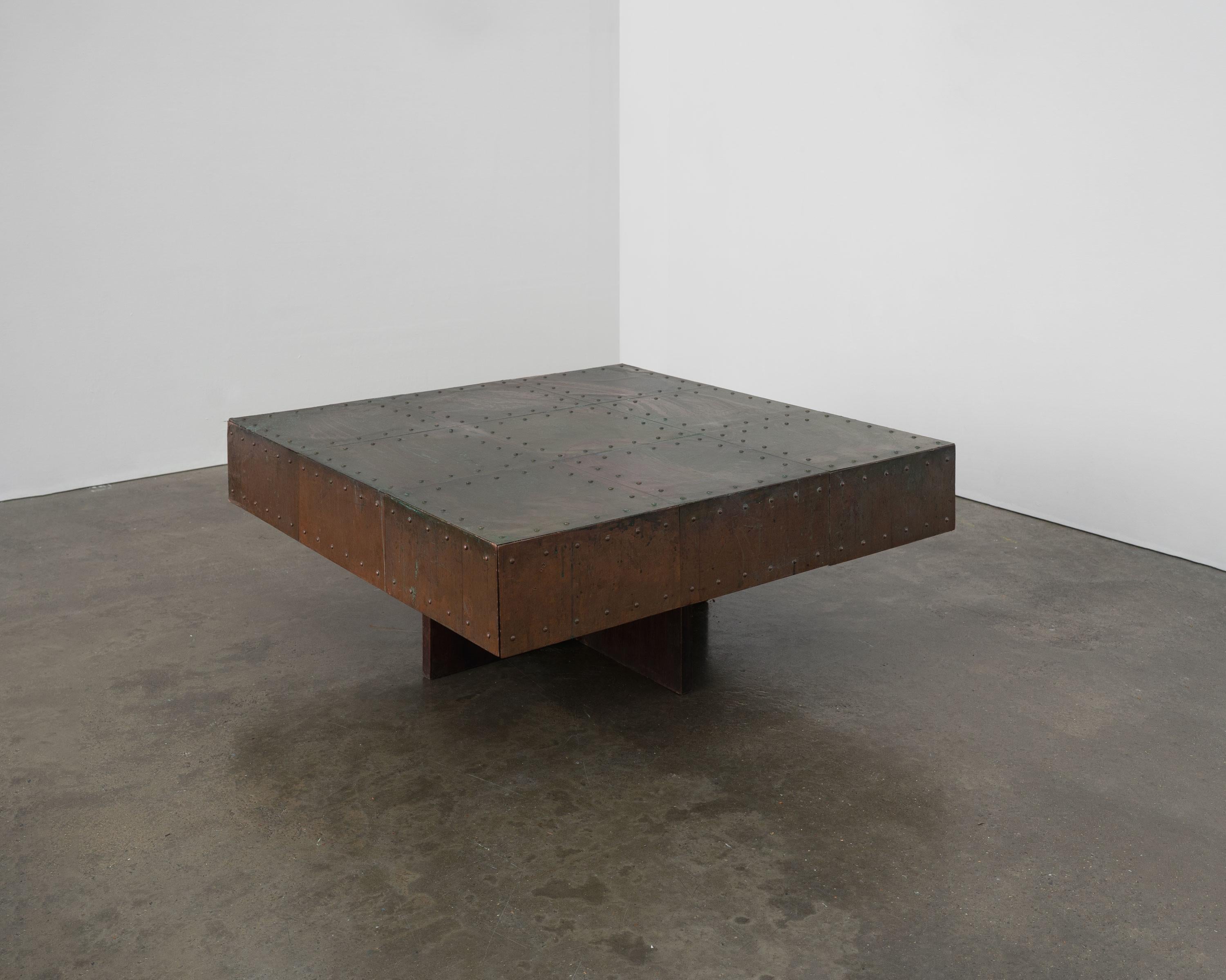 Unknown Brutalist Artisanal Copper and Mahogany Coffee Table For Sale