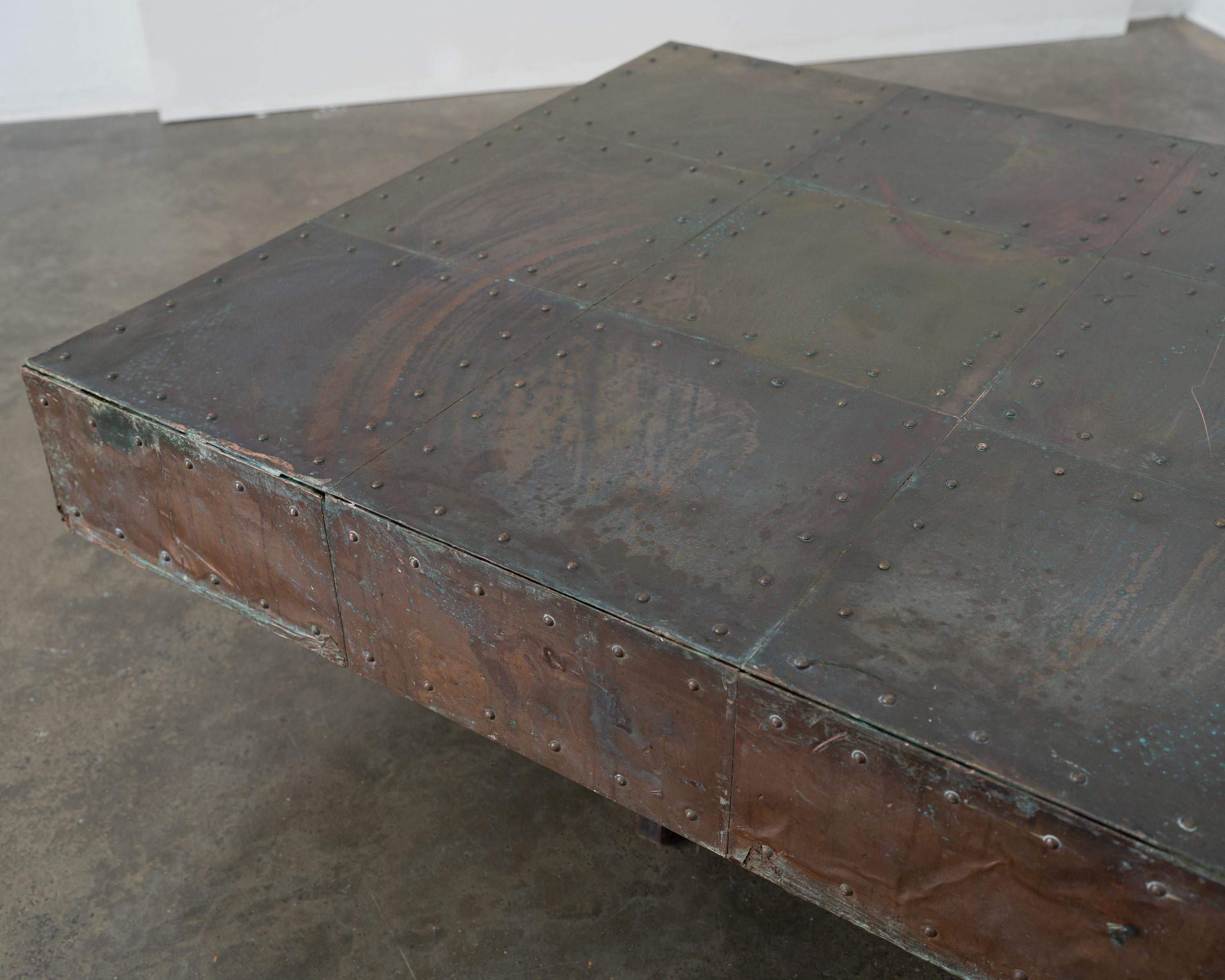 Late 20th Century Brutalist Artisanal Copper and Mahogany Coffee Table For Sale