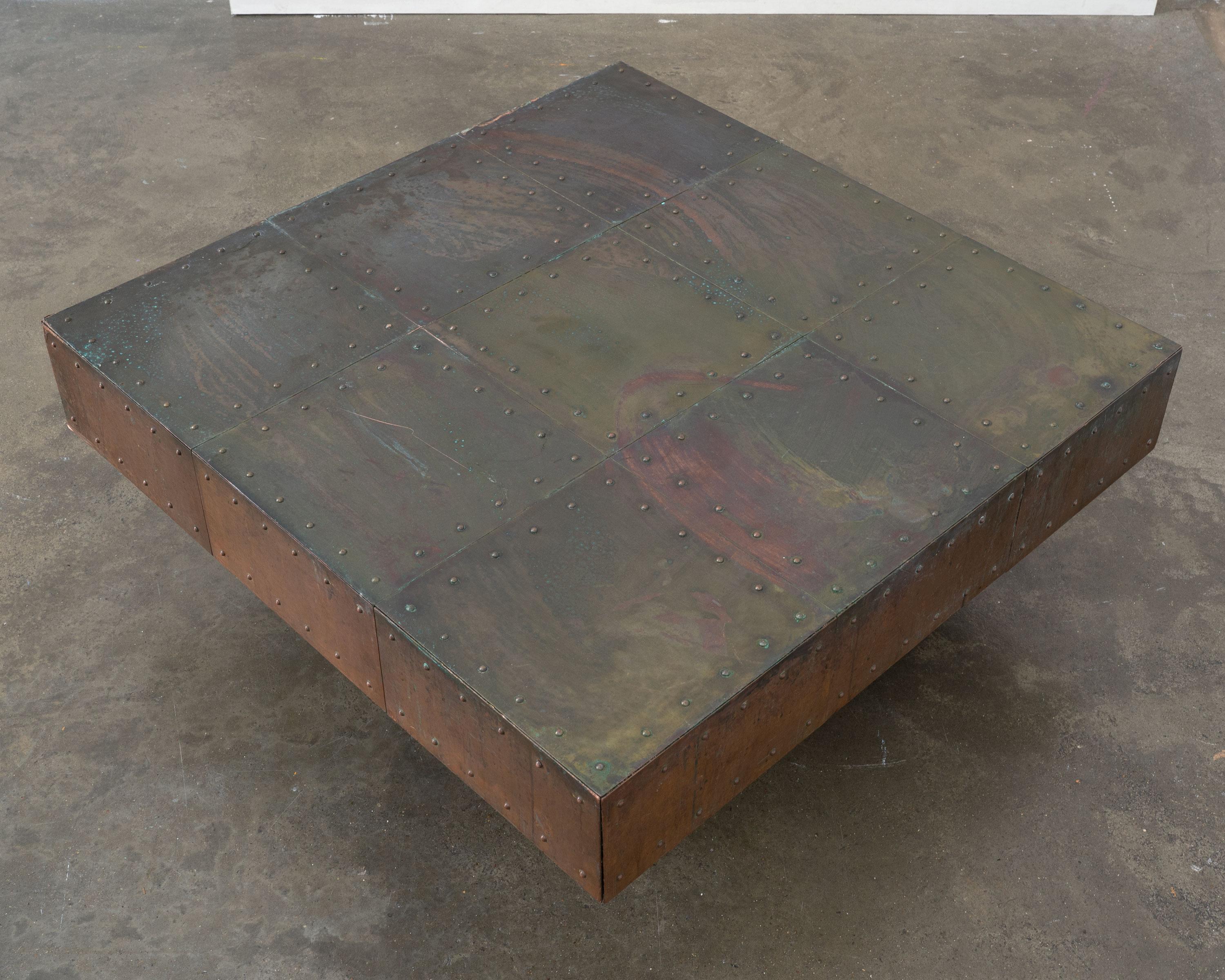 Brutalist Artisanal Copper and Mahogany Coffee Table For Sale 3