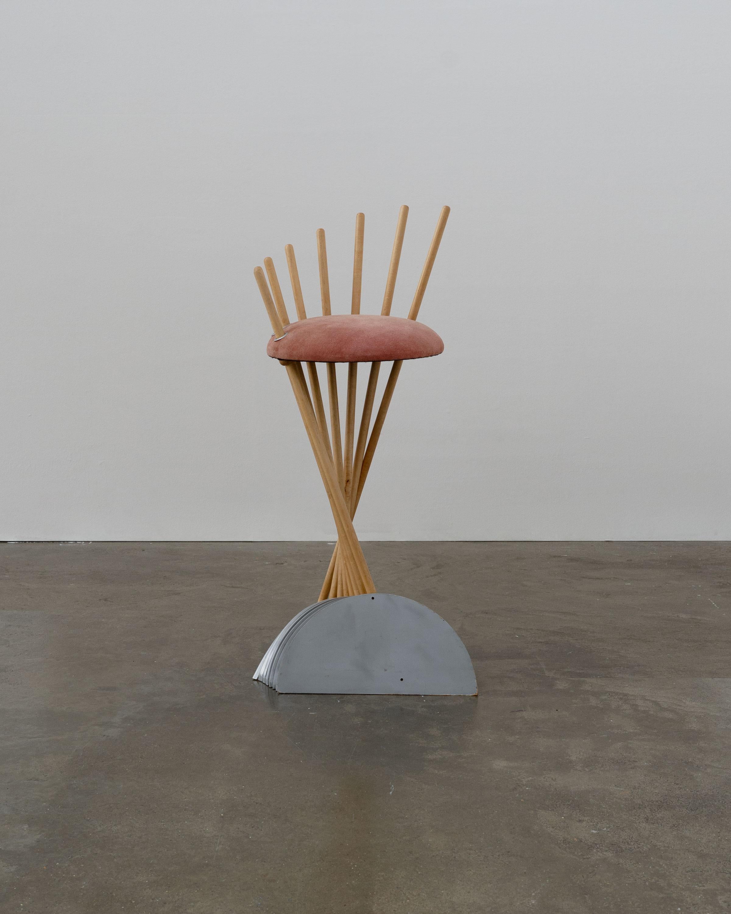 Prototype barstool made by the artist and furniture maker Isabelle Moore in 1995 at Parnham College. Composed from maple, suede and painted MDF. 

Isabelle Moore creates unique furniture pieces to commission and produces speculative work for