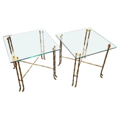 Pair of French 1970s Faux Bamboo Brass and Glass Side Tables