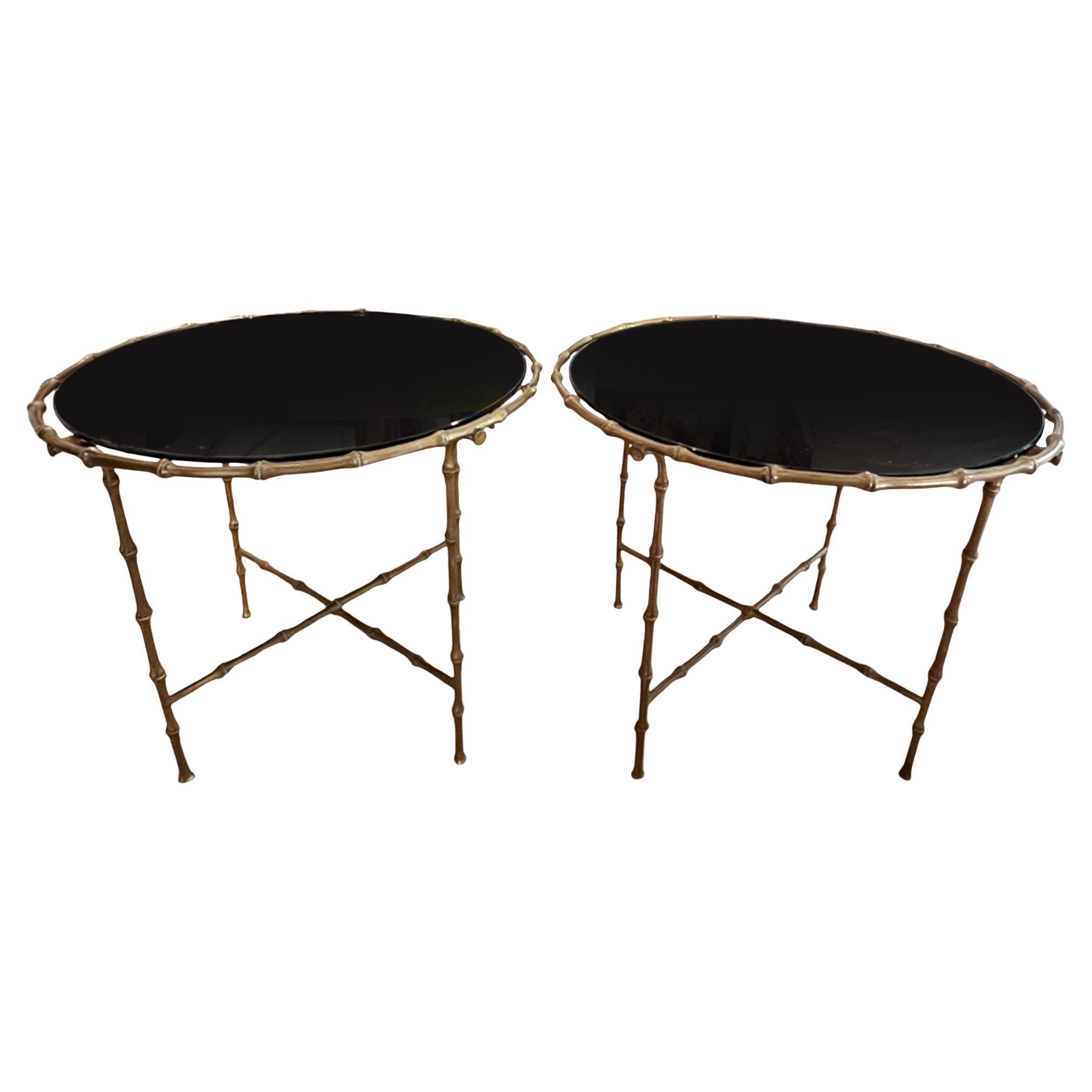 Pair of French 1960s Round Faux Bamboo Brass and Black Glass Side Tables For Sale