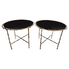 Pair of French 1960s Round Faux Bamboo Brass and Black Glass Side Tables