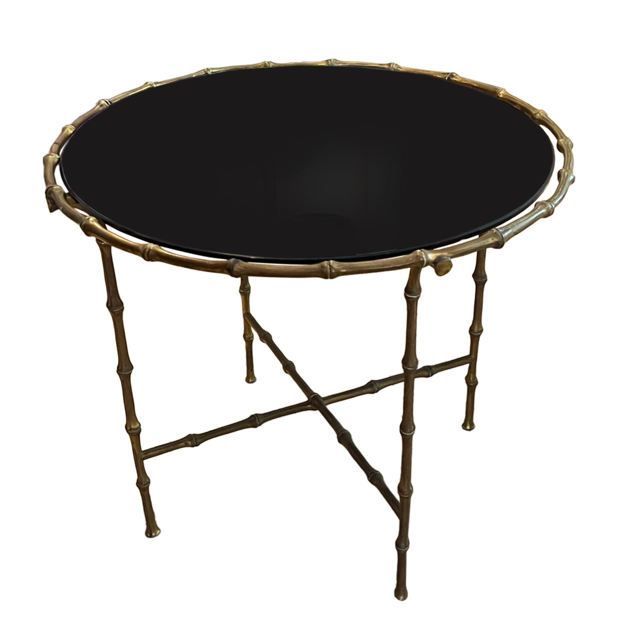 Mid-Century Modern Pair of French 1960s Round Faux Bamboo Brass and Black Glass Side Tables For Sale