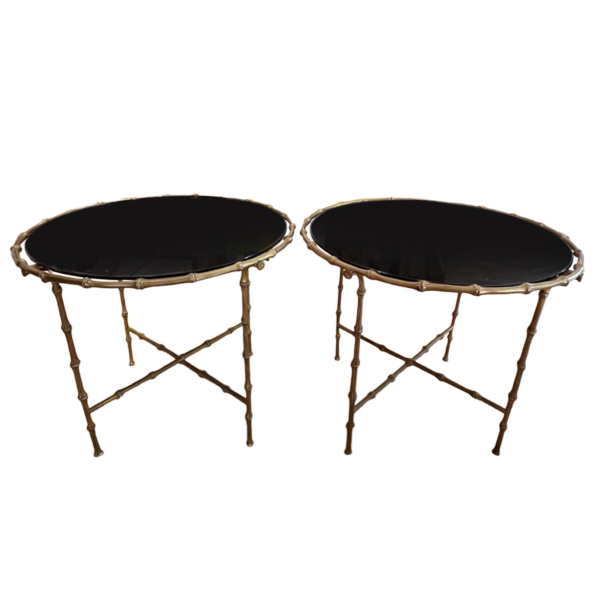 Pair of French 1960s Round Faux Bamboo Brass and Black Glass Side Tables In Good Condition For Sale In London, GB
