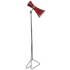 Midcentury Italian Floor Lamp, Metal Frame & Bright Red Original Metal Shade