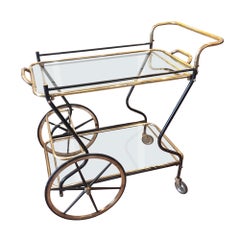 Italian Midcentury Brass and Glass Bar Cart With Lifting Top Tray