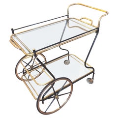 Italian Midcentury Brass and Glass Bar Cart With Lifting Top Tray