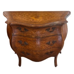 Dutch 19th Century Bombe Commode, Decorative Marquetry, Three Drawers