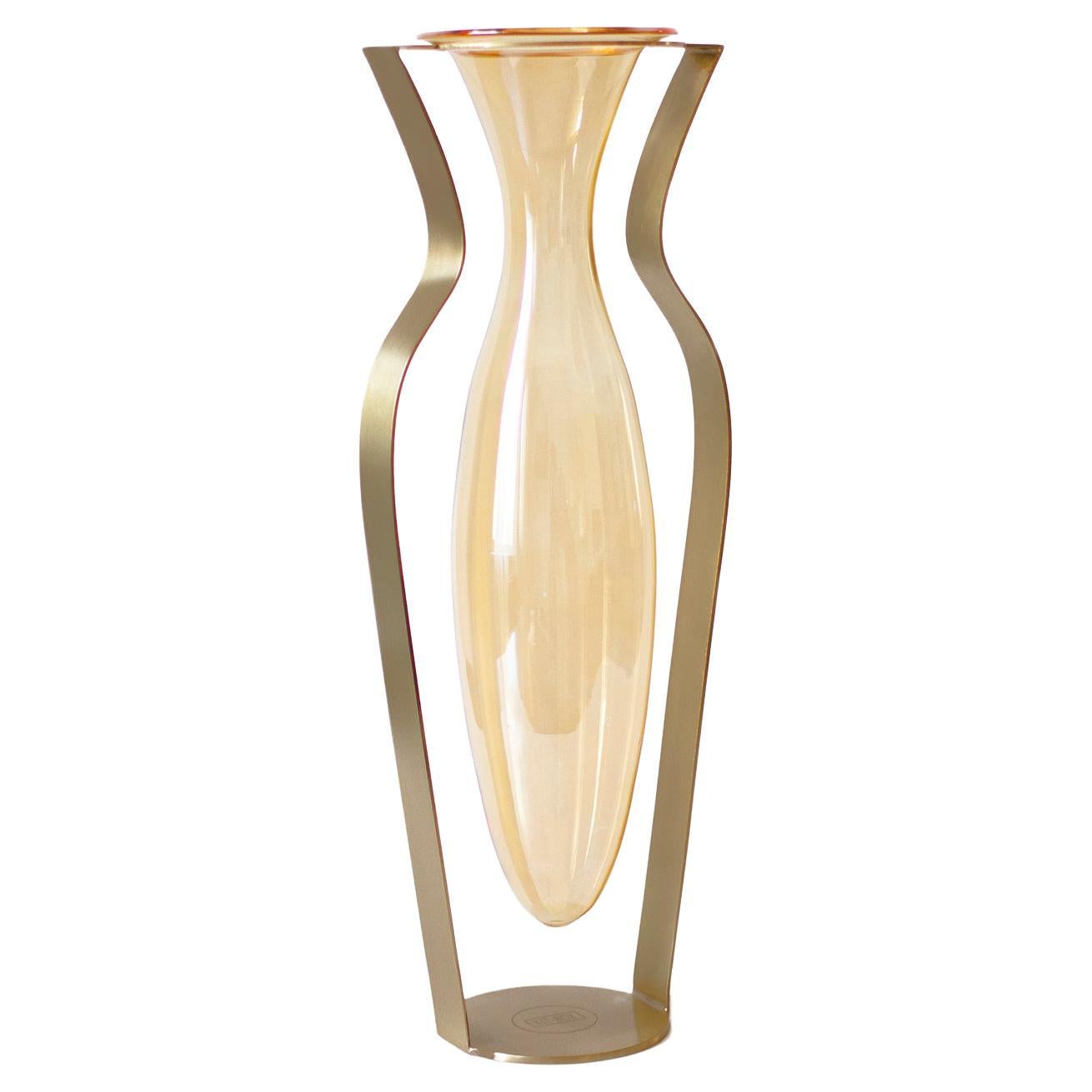 Droplet Tall Vase, Orange Glass & Gold Finish
