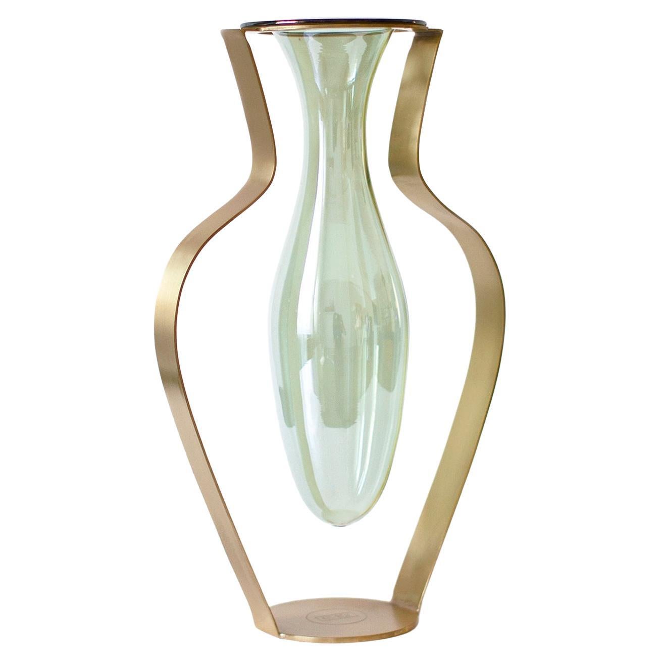 Droplet Wide Vase, Green Glass & Gold Finish For Sale