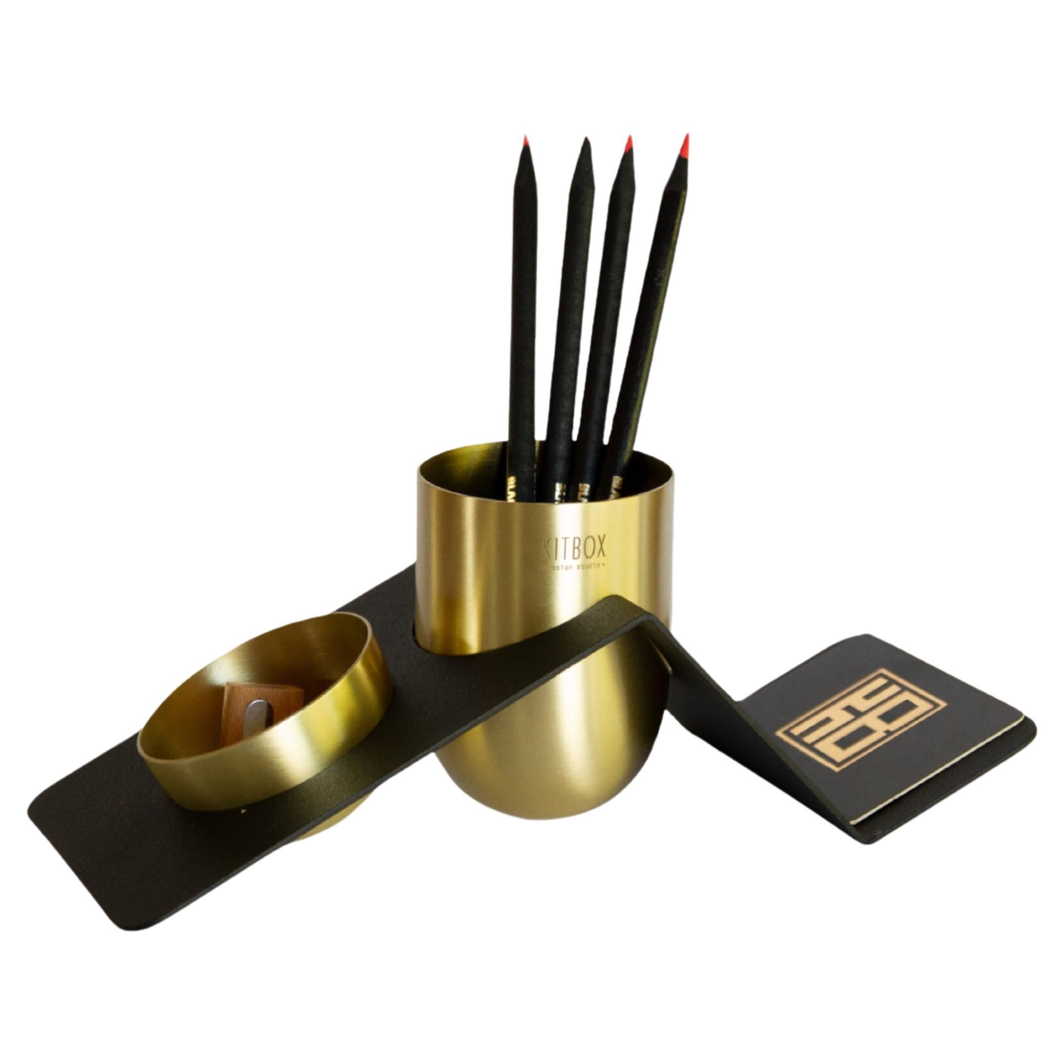 Blank Desk Organizer In Brushed Brass and Black Steel, 21st Century, In Stock