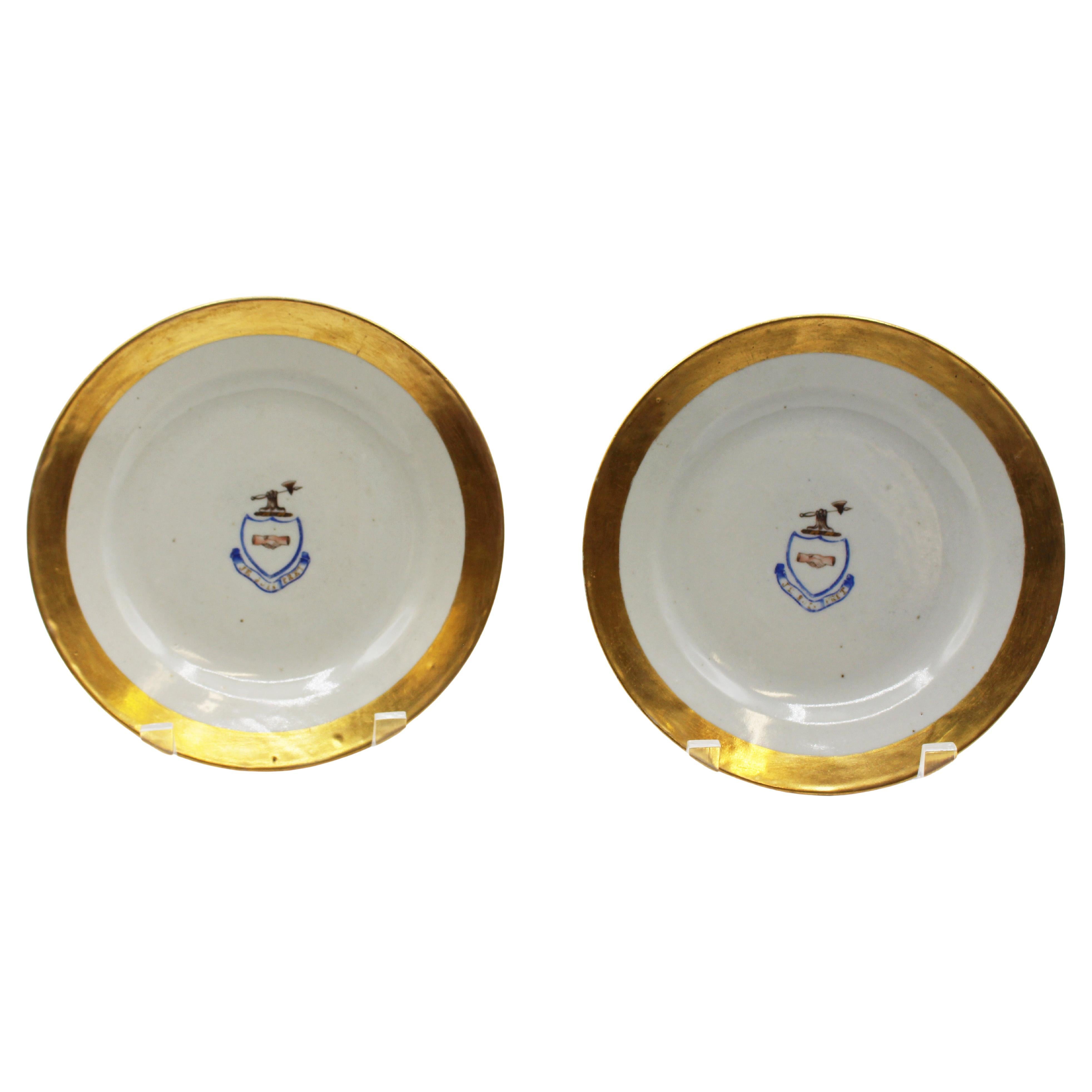 Circa 1815 Pair of Chinese Export Porcelain Armorial Dessert Plates