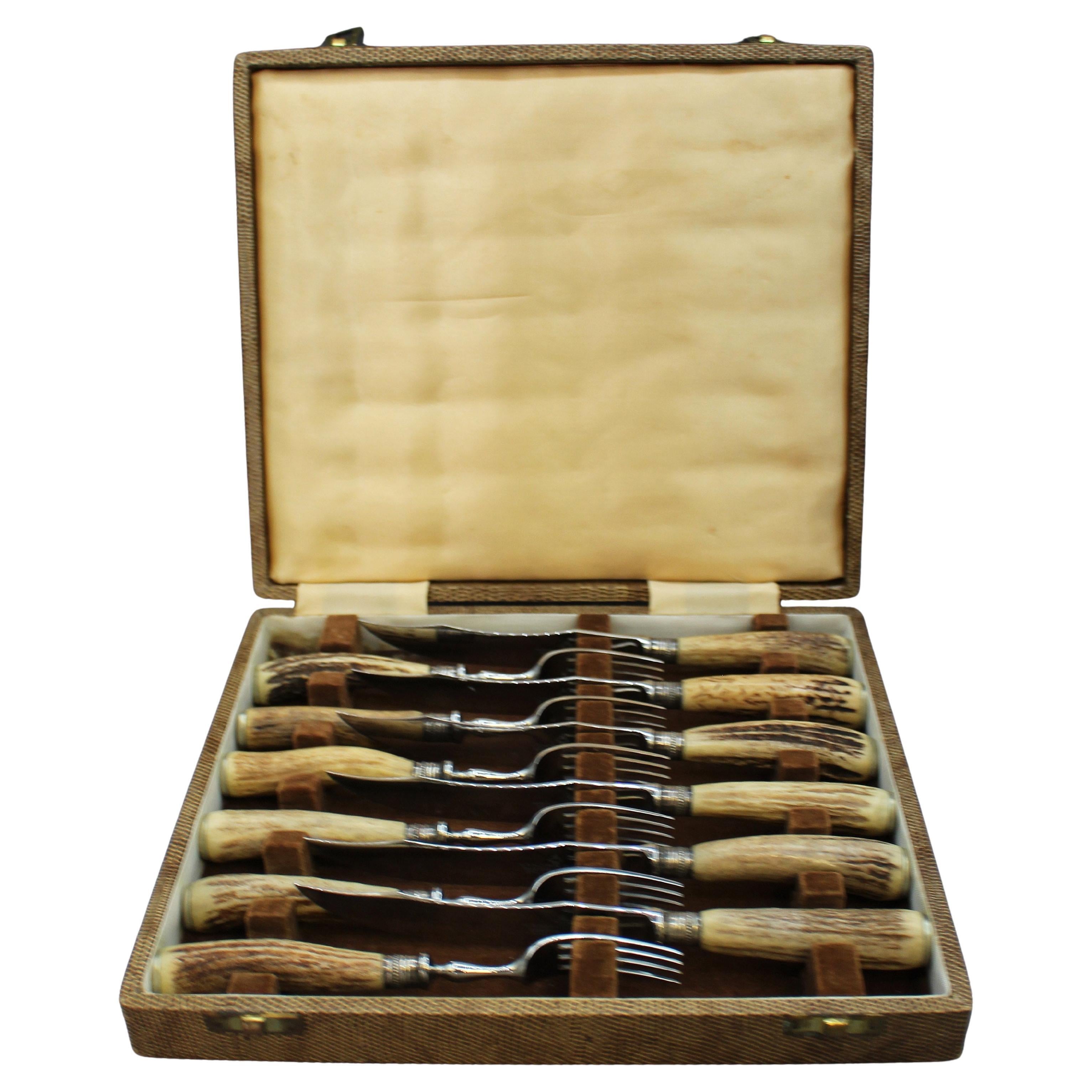 C. 1900 WR Humphreys & Co Service à poisson avec poignées en bois de cerf dans un coffret en vente