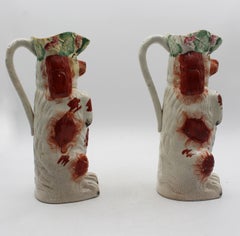 Circa 1860-80 Near Pair of English Staffordshire Red King Charles Spaniel Pitche