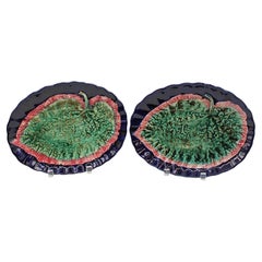 Circa 1880s English Pair of Majolica Begonia Leaf Sweetmeat Dishes