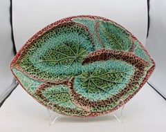 C. 1880 English Majolica Large Begonia Leaf Platter with Deep Root Rim