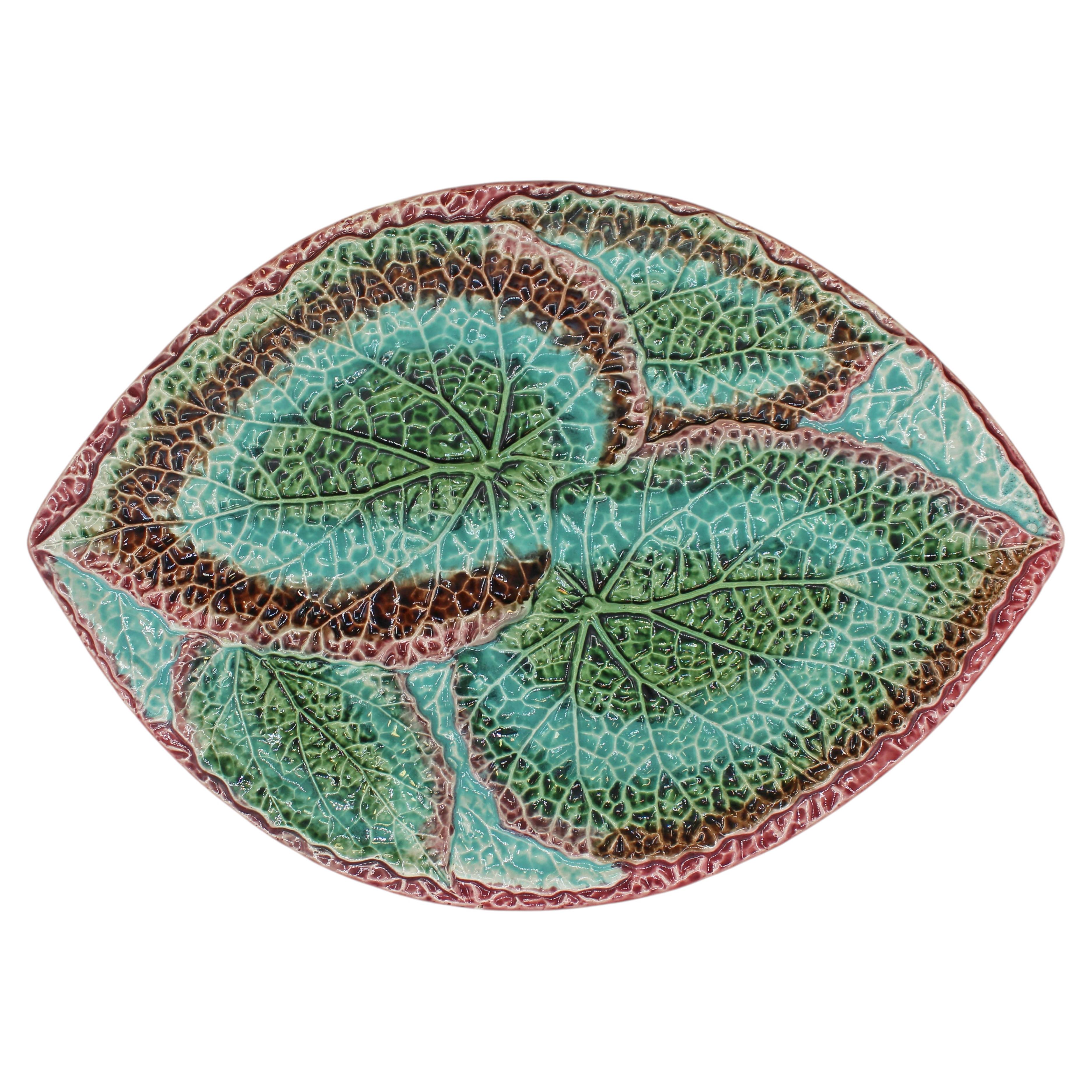C. 1880 English Majolica Large Begonia Leaf Platter with Deep Root Rim For Sale
