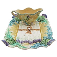 Circa 1900 French Majolica Asparagus Serving Tray with Drainer & Sauce Boat