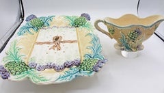 Circa 1900 French Majolica Asparagus Serving Tray with Drainer & Sauce Boat