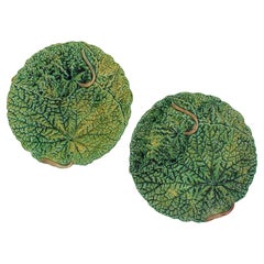 C. 1880-1900 London Pair of Majolica Begonia Leaf Plates by Joseph Roth